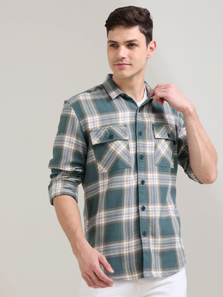 Aegean Teal Off - white Casual Checks Shirt - model_poseposition_of_shirtporduct_type