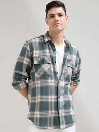 Aegean Teal Off - white Casual Checks Shirt - model_poseposition_of_shirtporduct_type