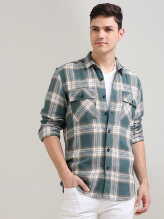 Aegean Teal Off - white Casual Checks Shirt - model_poseposition_of_shirtporduct_type