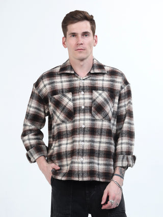 Black & Brown Brushed - Cotton Checks Shacket - model_poseposition_of_shirtporduct_type