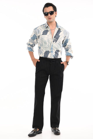 Black Linen Blend Straight Fit Striped trousers - model_poseposition_of_shirtporduct_type