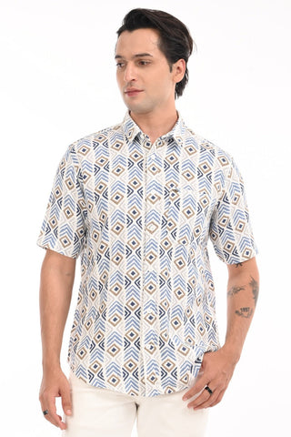 Dark Blue Chevron Textured Cotton Casual Shirt - model_poseposition_of_shirtporduct_type