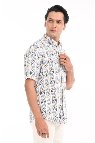 Dark Blue Chevron Textured Cotton Casual Shirt - model_poseposition_of_shirtporduct_type