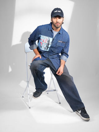 Deep Blue Crafted Zipper Denim Shirt - model_poseposition_of_shirtporduct_type