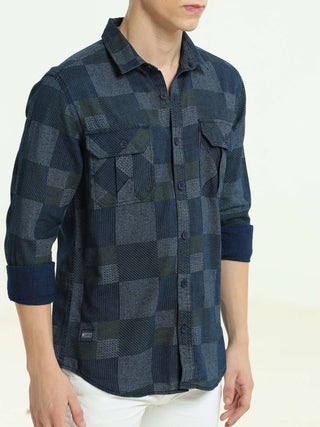 Deep Blue Multi Block Denim Checks Shirt - model_poseposition_of_shirtporduct_type