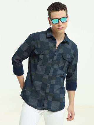 Deep Blue Multi Block Denim Checks Shirt - model_poseposition_of_shirtporduct_type