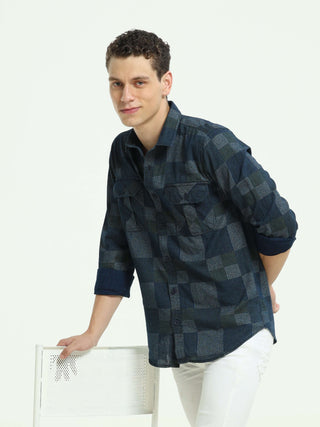 Deep Blue Multi Block Denim Checks Shirt - model_poseposition_of_shirtporduct_type