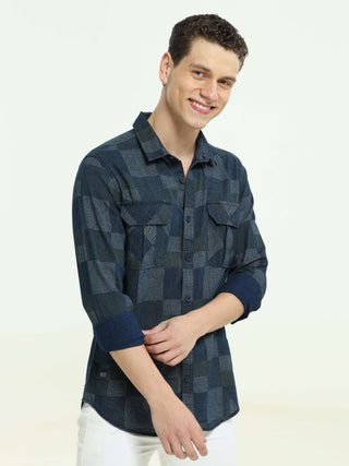 Deep Blue Multi Block Denim Checks Shirt - model_poseposition_of_shirtporduct_type