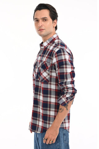 Man wearing a plaid shirt and showing left side on a white background.