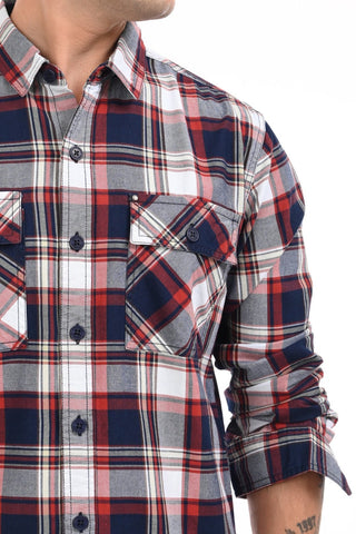 Close-up of a plaid shirt with red, blue, and white pattern on a white background.