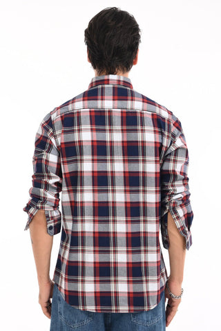 Man wearing a check shirt and showing backside Of the shirt in a white background.