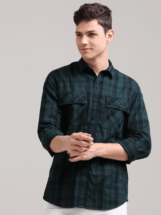 Dusky Green Semi Corduroy Shirt shop online at Estilocus. 100% Cotton • Full-sleeve check shirt• Cut and sew placket• Regular collar• Double button edge cuff• Double pocket with flap• Curved bottom hemline .• All double needle construction, finest quality