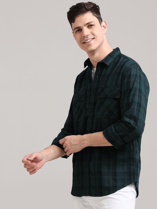 Dusky Green Semi Corduroy Shirt shop online at Estilocus. 100% Cotton • Full-sleeve check shirt• Cut and sew placket• Regular collar• Double button edge cuff• Double pocket with flap• Curved bottom hemline .• All double needle construction, finest quality