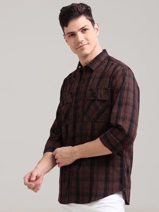 Dusky Carnelian Semi Corduroy Shirt shop online at Estilocus. 100% Cotton • Full-sleeve check shirt• Cut and sew placket• Regular collar• Double button edge cuff• Double pocket with flap• Curved bottom hemline .• All double needle construction, finest qua