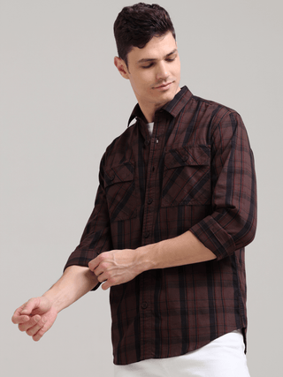 Dusky Carnelian Semi Corduroy Shirt shop online at Estilocus. 100% Cotton • Full-sleeve check shirt• Cut and sew placket• Regular collar• Double button edge cuff• Double pocket with flap• Curved bottom hemline .• All double needle construction, finest qua