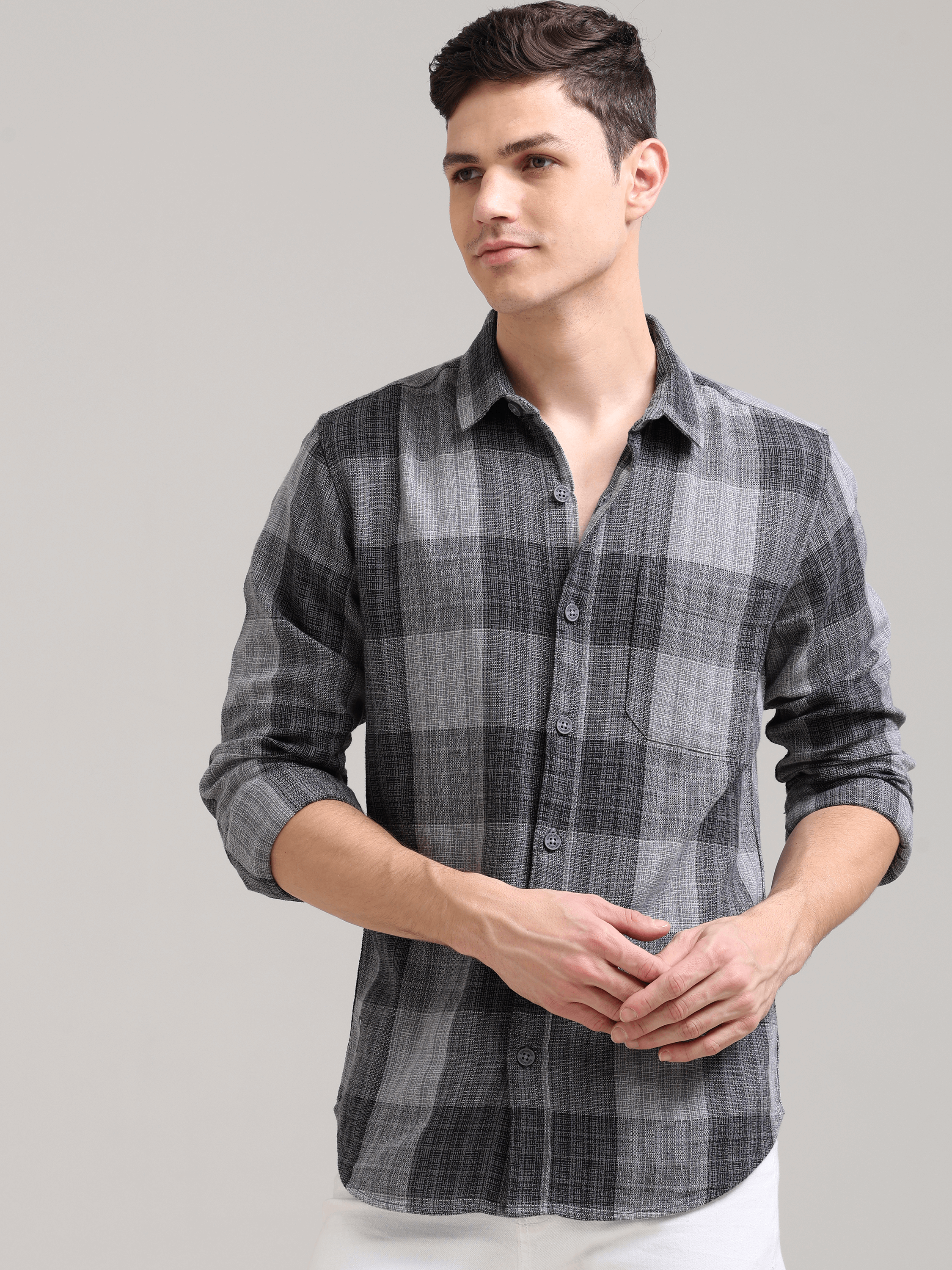 Quiet Shade Grey Casual Check Shirt shop online at Estilocus. 100% Cotton • Full-sleeve check shirt• Cut and sew placket• Regular collar• Double button edge cuff• Single pocket • Curved bottom hemline .• All double needle construction, finest quality sewi