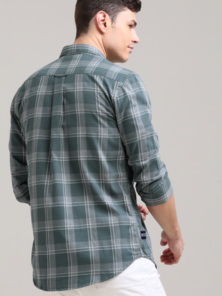 Caribbean Teal Grey Casual Check Shirt shop online at Estilocus. 100% Cotton • Full-sleeve check shirt• Cut and sew placket• Regular collar• Double button edge cuff• Double pocket with flap• Curved bottom hemline .• All double needle construction, finest