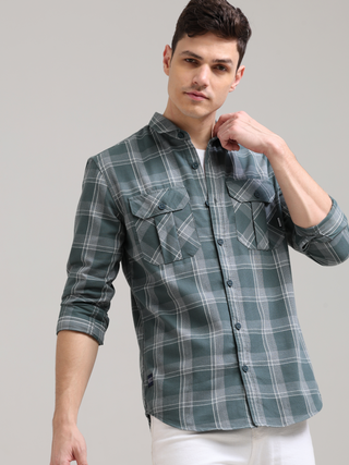 Caribbean Teal Grey Casual Check Shirt shop online at Estilocus. 100% Cotton • Full-sleeve check shirt• Cut and sew placket• Regular collar• Double button edge cuff• Double pocket with flap• Curved bottom hemline .• All double needle construction, finest