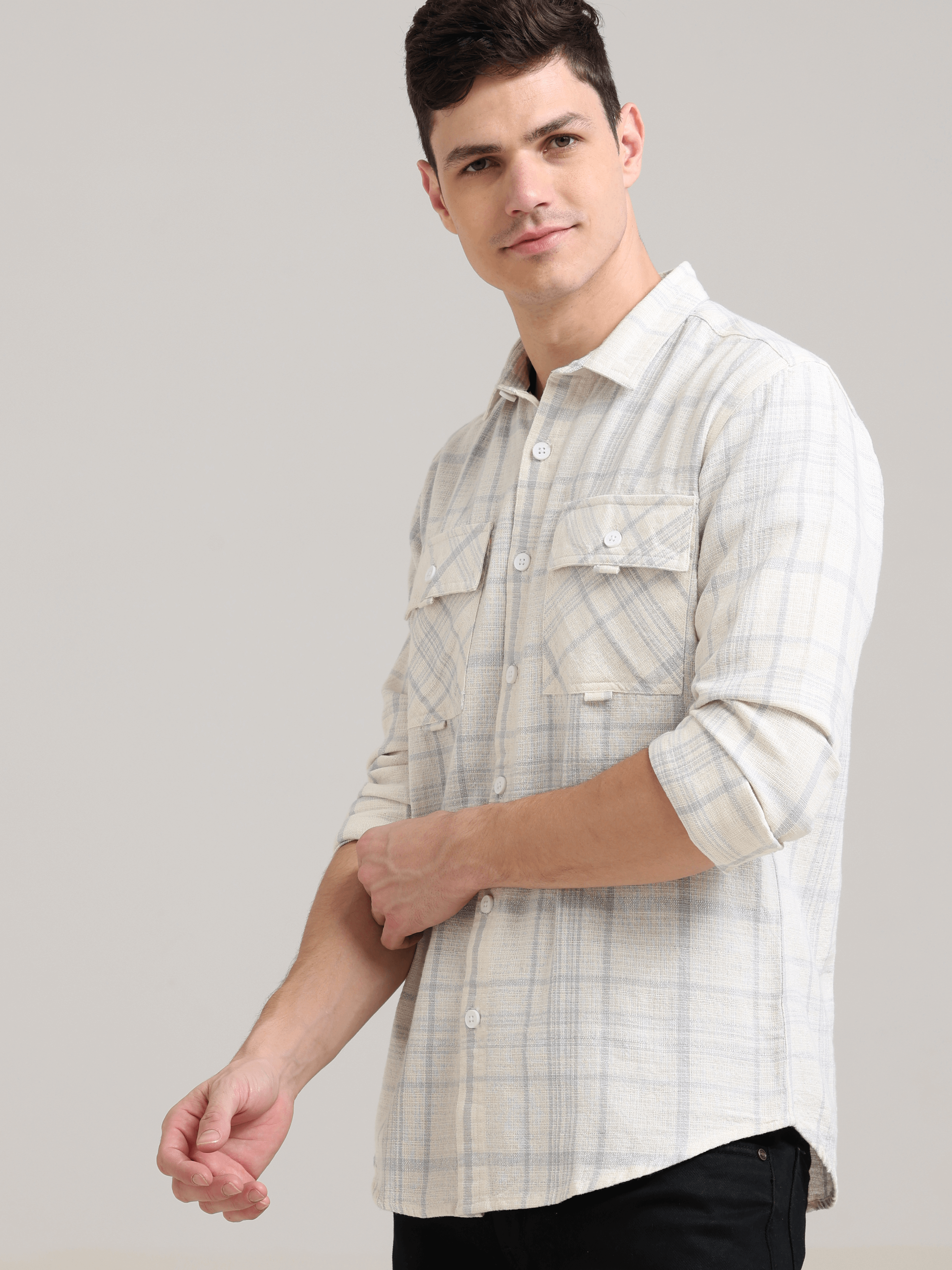 Pure Cotton white Spread Collar Check Shirt shop online at Estilocus. 100% Cotton • Full-sleeve check shirt• Cut and sew placket• Regular collar• Double button edge cuff• Double pocket with flap• Curved bottom hemline .• All double needle construction, fi