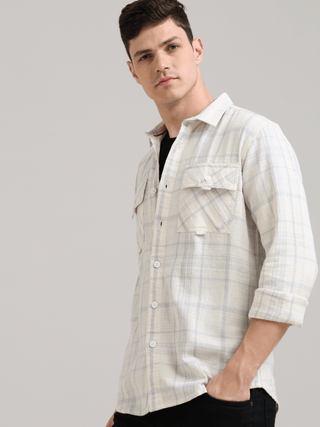 Pure Cotton white Spread Collar Check Shirt shop online at Estilocus. 100% Cotton • Full-sleeve check shirt• Cut and sew placket• Regular collar• Double button edge cuff• Double pocket with flap• Curved bottom hemline .• All double needle construction, fi