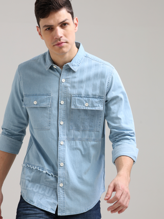 Denim Casual Double Pocket Shirt shop online at Estilocus. 100% premium Denim Denim ,Full-sleeve shirt cut and sew placket. Regular collar Double button edge cuff Double pocket with flap Curved bottom hemline pc-back elegant print @ panel All Double needl