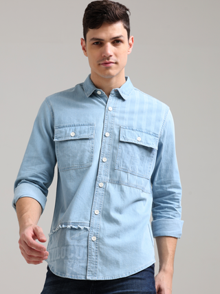 Denim Casual Double Pocket Shirt shop online at Estilocus. 100% premium Denim Denim ,Full-sleeve shirt cut and sew placket. Regular collar Double button edge cuff Double pocket with flap Curved bottom hemline pc-back elegant print @ panel All Double needl