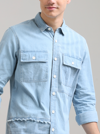 Denim Casual Double Pocket Shirt shop online at Estilocus. 100% premium Denim Denim ,Full-sleeve shirt cut and sew placket. Regular collar Double button edge cuff Double pocket with flap Curved bottom hemline pc-back elegant print @ panel All Double needl