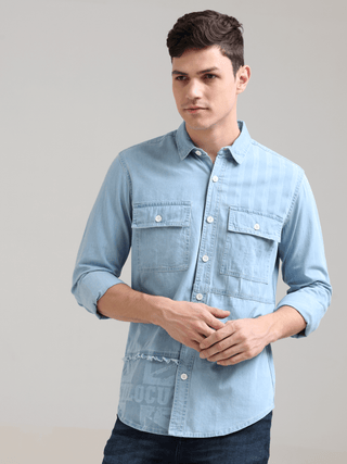 Denim Casual Double Pocket Shirt shop online at Estilocus. 100% premium Denim Denim ,Full-sleeve shirt cut and sew placket. Regular collar Double button edge cuff Double pocket with flap Curved bottom hemline pc-back elegant print @ panel All Double needl