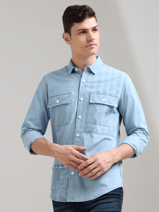 Denim Casual Double Pocket Shirt shop online at Estilocus. 100% premium Denim Denim ,Full-sleeve shirt cut and sew placket. Regular collar Double button edge cuff Double pocket with flap Curved bottom hemline pc-back elegant print @ panel All Double needl