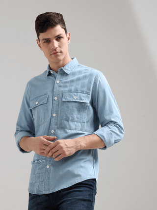 Denim Casual Double Pocket Shirt shop online at Estilocus. 100% premium Denim Denim ,Full-sleeve shirt cut and sew placket. Regular collar Double button edge cuff Double pocket with flap Curved bottom hemline pc-back elegant print @ panel All Double needl