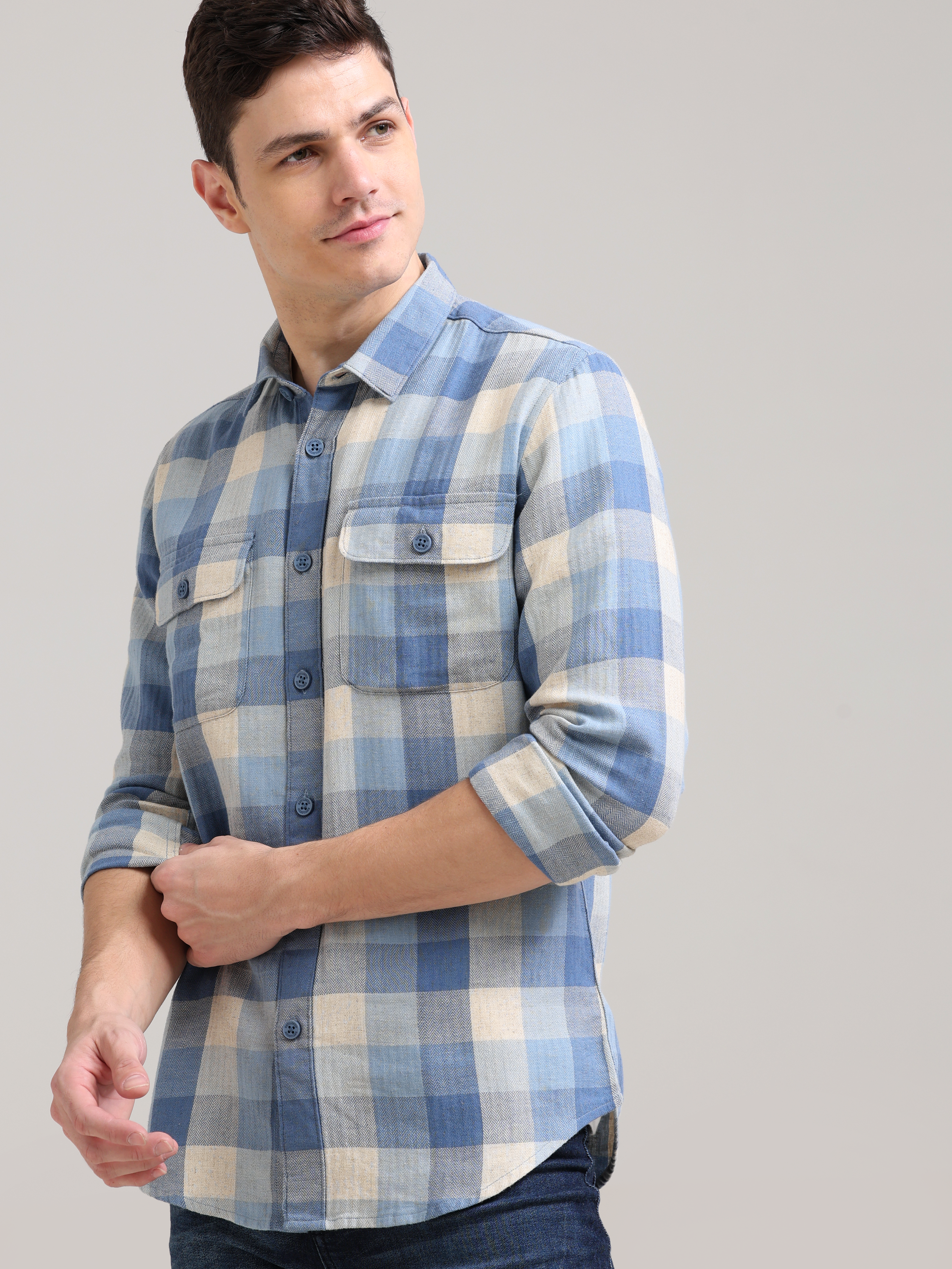 Blue Nova Cream Casual Check Shirt shop online at Estilocus. 100% Cotton • Full-sleeve check shirt• Cut and sew placket• Regular collar• Double button edge cuff• Double pocket with flap• Curved bottom hemline .• All double needle construction, finest qual