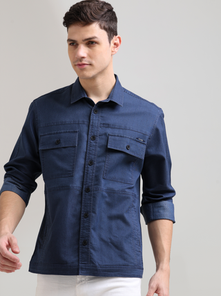 Prussian Blue Denim Shirt shop online at Estilocus. 100% premium Denim Full-sleeve shirt Cut and sew placket. Regular collar Double button edge cuff Double pocket, other end with flap pocket Curved bottom hemline HD elegant print at panal All Double needl