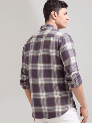 Midnight plum Cream Casual Check Shirt shop online at Estilocus. 100% Cotton • Full-sleeve check shirt• Cut and sew placket• Regular collar• Double button edge cuff• Double pocket with flap• Curved bottom hemline .• All double needle construction, finest