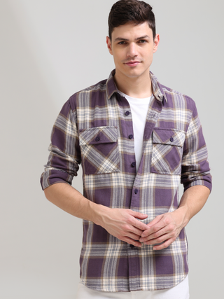 Midnight plum Cream Casual Check Shirt shop online at Estilocus. 100% Cotton • Full-sleeve check shirt• Cut and sew placket• Regular collar• Double button edge cuff• Double pocket with flap• Curved bottom hemline .• All double needle construction, finest