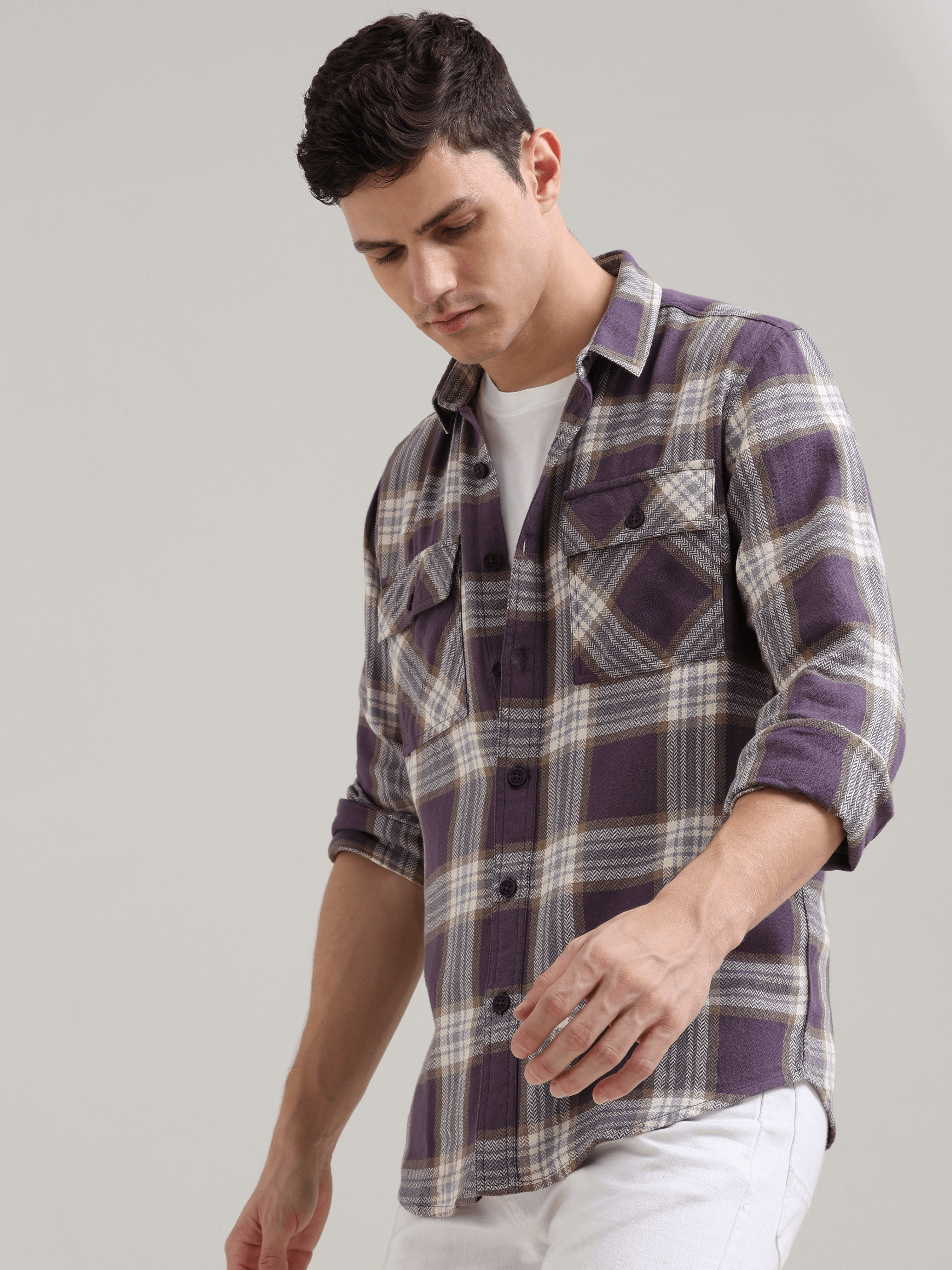 Midnight plum Cream Casual Check Shirt shop online at Estilocus. 100% Cotton • Full-sleeve check shirt• Cut and sew placket• Regular collar• Double button edge cuff• Double pocket with flap• Curved bottom hemline .• All double needle construction, finest