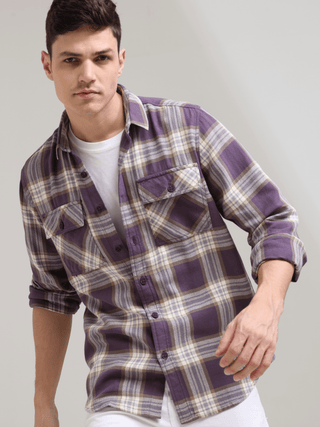 Midnight plum Cream Casual Check Shirt shop online at Estilocus. 100% Cotton • Full-sleeve check shirt• Cut and sew placket• Regular collar• Double button edge cuff• Double pocket with flap• Curved bottom hemline .• All double needle construction, finest