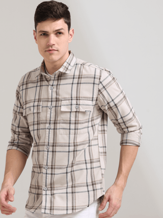 Coffee Cream Casual Check Shirt shop online at Estilocus. 100% Cotton • Full-sleeve check shirt• Cut and sew placket• Regular collar• Double button edge cuff• Double pocket with flap• Curved bottom hemline .• All double needle construction, finest quality