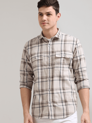 Coffee Cream Casual Check Shirt shop online at Estilocus. 100% Cotton • Full-sleeve check shirt• Cut and sew placket• Regular collar• Double button edge cuff• Double pocket with flap• Curved bottom hemline .• All double needle construction, finest quality