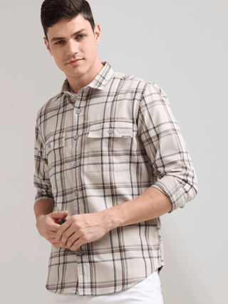 Coffee Cream Casual Check Shirt shop online at Estilocus. 100% Cotton • Full-sleeve check shirt• Cut and sew placket• Regular collar• Double button edge cuff• Double pocket with flap• Curved bottom hemline .• All double needle construction, finest quality