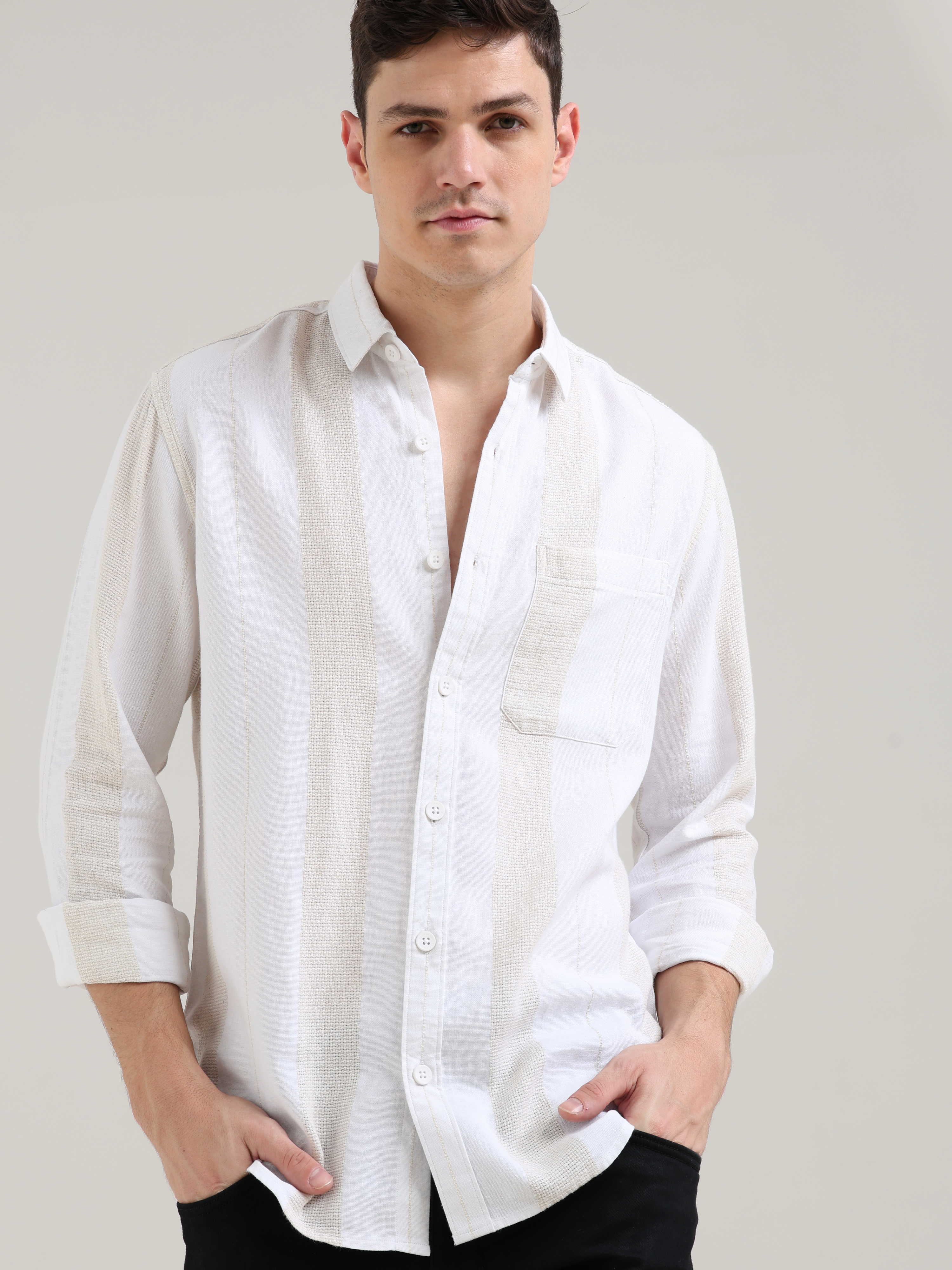 Pure cotton white&cream Casual shirt shop online at Estilocus. 100% Pure Cotton 90% LESS WATER USAGE LOWER CARBON EMISSION NO HARMFUL DYES ON YOUR SKIN NO SYNTHETIC PESTICIDES IN OUR SOIL • Full-sleeve check shirt• Cut and sew placket• Regular collar• Dou