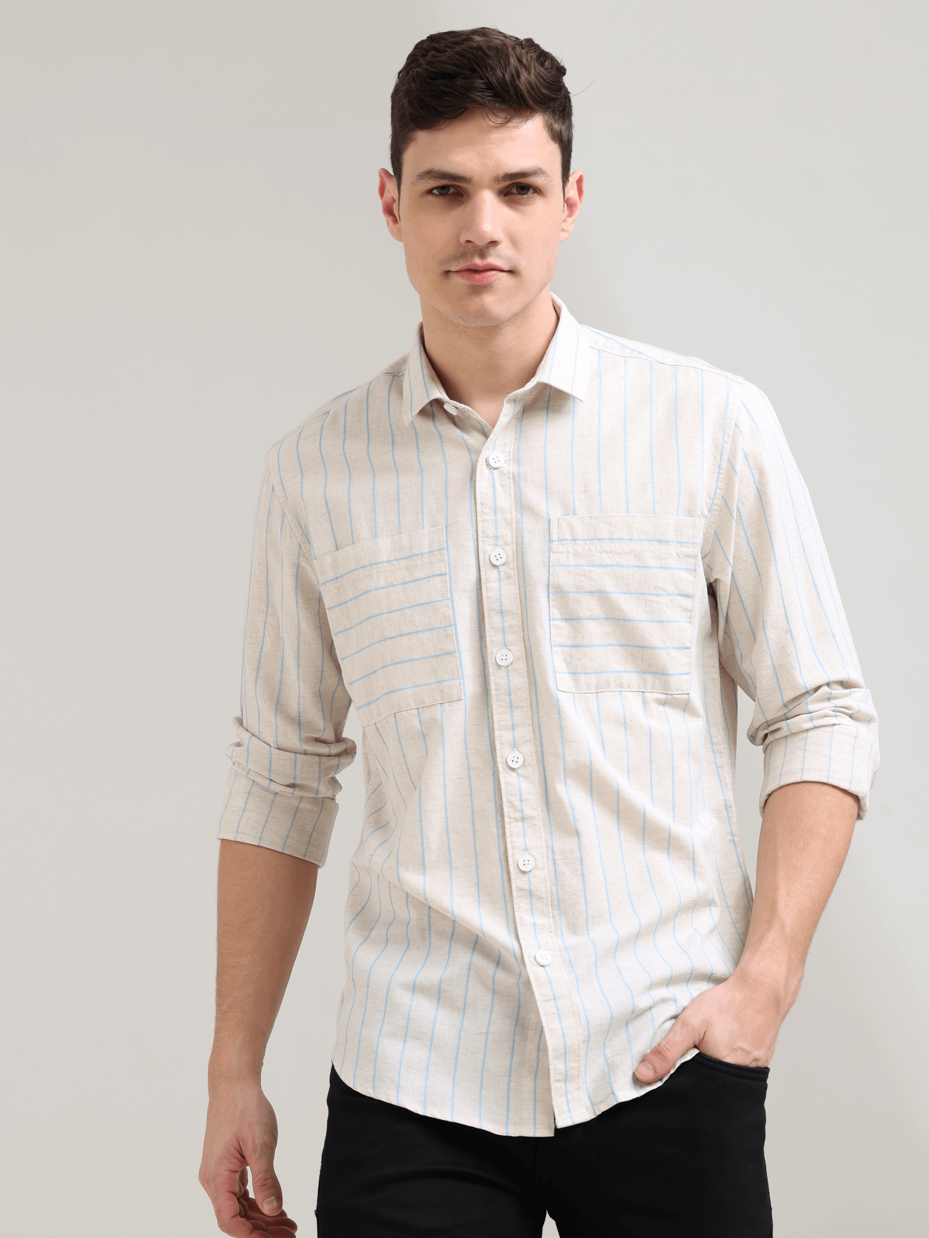Pure Cotton Blue Stripes Casual Shirt shop online at Estilocus. 100% Cotton • Full-sleeve check shirt• Cut and sew placket• Regular collar• Double button edge cuff• Double pocket • Curved bottom hemline .• All double needle construction, finest quality se
