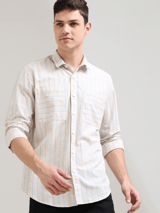 Pure Cotton Blue Stripes Casual Shirt shop online at Estilocus. 100% Cotton • Full-sleeve check shirt• Cut and sew placket• Regular collar• Double button edge cuff• Double pocket • Curved bottom hemline .• All double needle construction, finest quality se