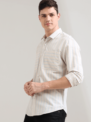 Pure Cotton Blue Stripes Casual Shirt shop online at Estilocus. 100% Cotton • Full-sleeve check shirt• Cut and sew placket• Regular collar• Double button edge cuff• Double pocket • Curved bottom hemline .• All double needle construction, finest quality se