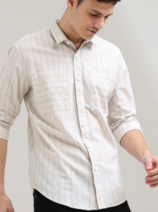 Pure Cotton Blue Stripes Casual Shirt shop online at Estilocus. 100% Cotton • Full-sleeve check shirt• Cut and sew placket• Regular collar• Double button edge cuff• Double pocket • Curved bottom hemline .• All double needle construction, finest quality se