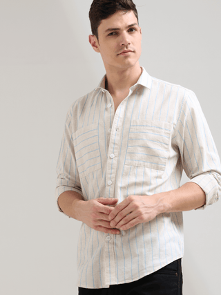 Pure Cotton Blue Stripes Casual Shirt shop online at Estilocus. 100% Cotton • Full-sleeve check shirt• Cut and sew placket• Regular collar• Double button edge cuff• Double pocket • Curved bottom hemline .• All double needle construction, finest quality se