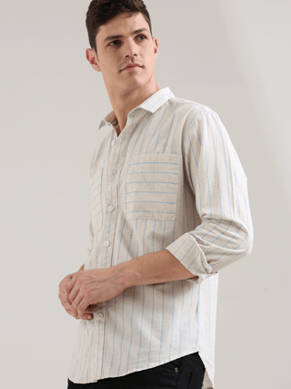 Pure Cotton Blue Stripes Casual Shirt shop online at Estilocus. 100% Cotton • Full-sleeve check shirt• Cut and sew placket• Regular collar• Double button edge cuff• Double pocket • Curved bottom hemline .• All double needle construction, finest quality se