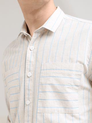 Pure Cotton Blue Stripes Casual Shirt shop online at Estilocus. 100% Cotton • Full-sleeve check shirt• Cut and sew placket• Regular collar• Double button edge cuff• Double pocket • Curved bottom hemline .• All double needle construction, finest quality se