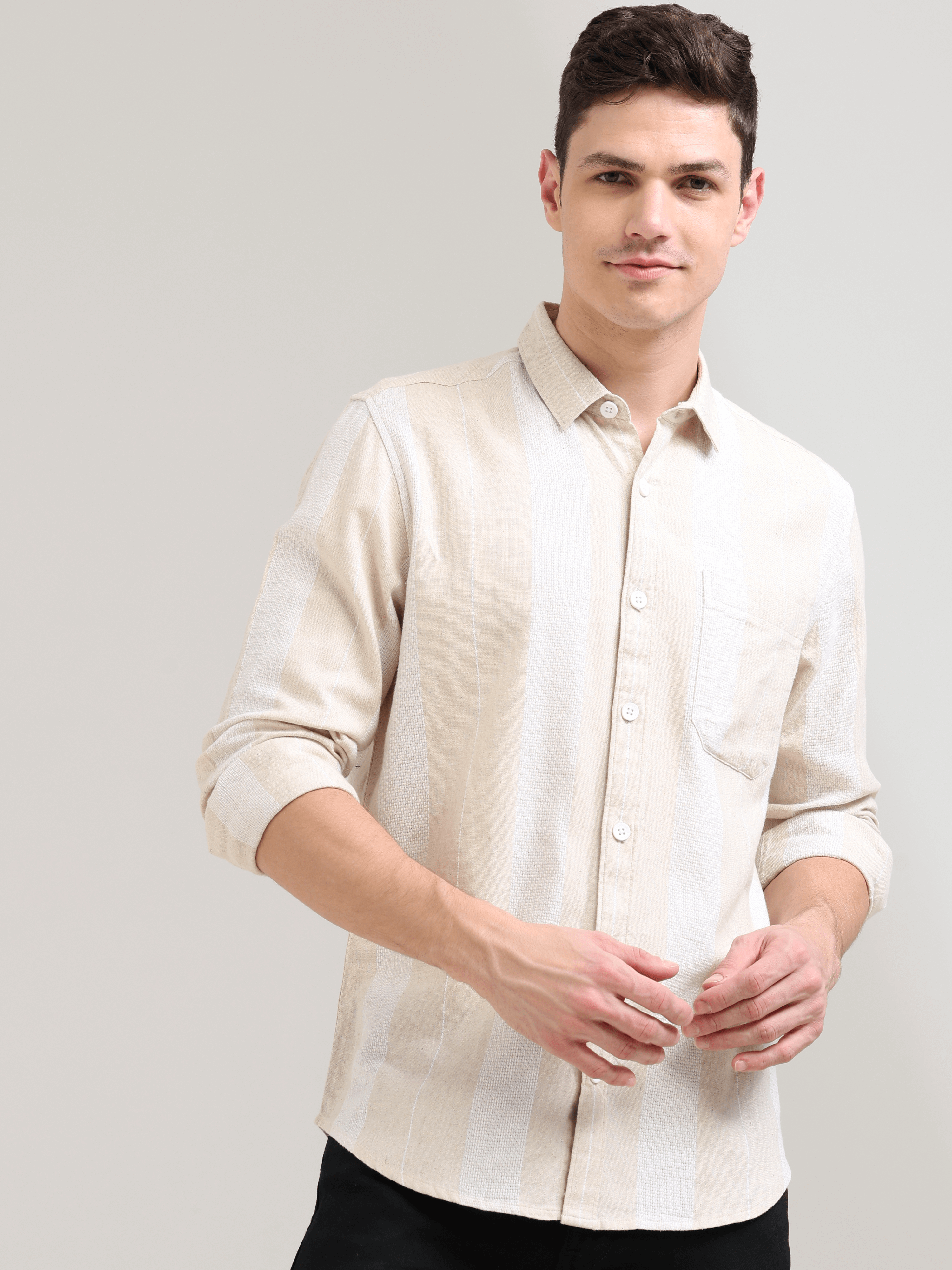 Pure cotton cream&white Casual shirt shop online at Estilocus. 100% Pure Cotton 90% LESS WATER USAGE LOWER CARBON EMISSION NO HARMFUL DYES ON YOUR SKIN NO SYNTHETIC PESTICIDES IN OUR SOIL • Full-sleeve check shirt• Cut and sew placket• Regular collar• Dou