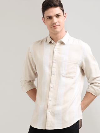 Pure cotton cream&white Casual shirt shop online at Estilocus. 100% Pure Cotton 90% LESS WATER USAGE LOWER CARBON EMISSION NO HARMFUL DYES ON YOUR SKIN NO SYNTHETIC PESTICIDES IN OUR SOIL • Full-sleeve check shirt• Cut and sew placket• Regular collar• Dou