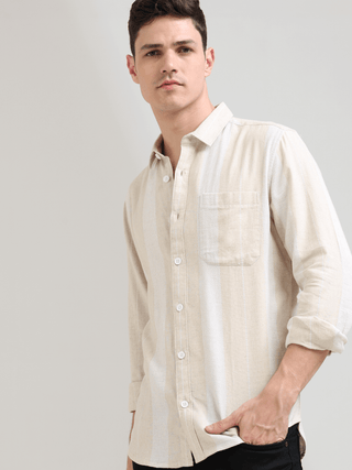 Pure cotton cream&white Casual shirt shop online at Estilocus. 100% Pure Cotton 90% LESS WATER USAGE LOWER CARBON EMISSION NO HARMFUL DYES ON YOUR SKIN NO SYNTHETIC PESTICIDES IN OUR SOIL • Full-sleeve check shirt• Cut and sew placket• Regular collar• Dou